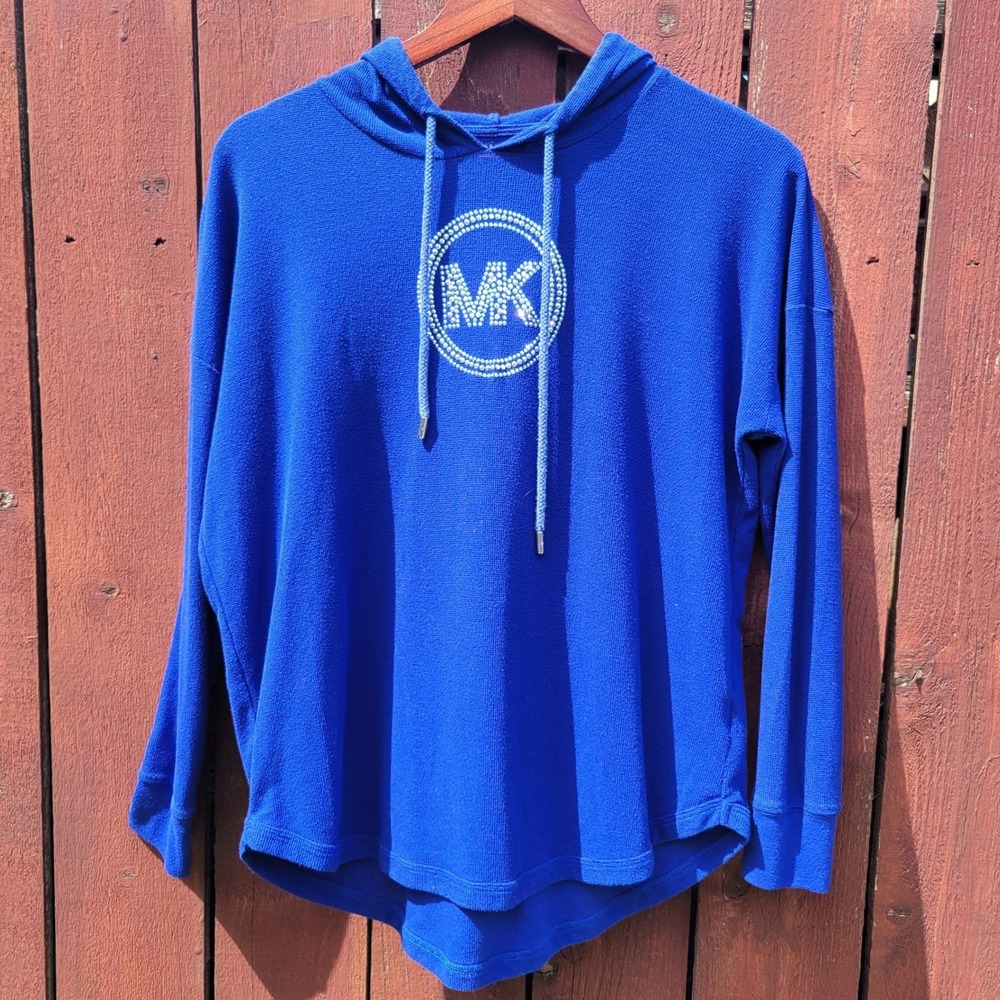 Michael Kors Royal Blue Waffle Knit Rhinestone MK Logo Hoodie Sweatshirt L